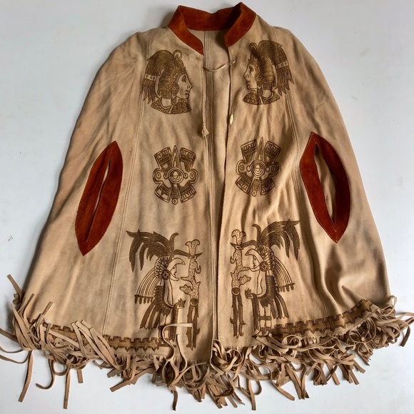 Vintage 60s 70s Suede Fringe Native American Poncho
